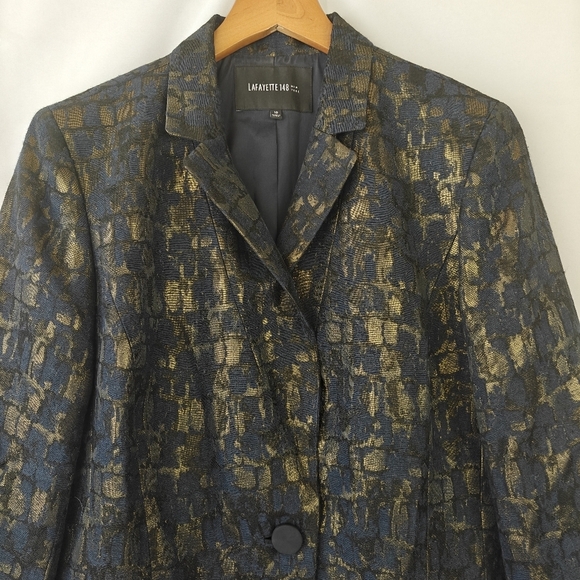 Lafayette 148 Gold Metallic Navy Painted Button Suit Jacket Women's Size 10 - Picture 7 of 15